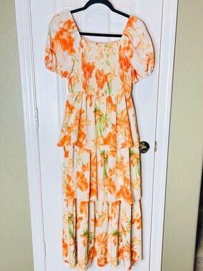 Floral Tiered Maxi Dress in Orange and Cream